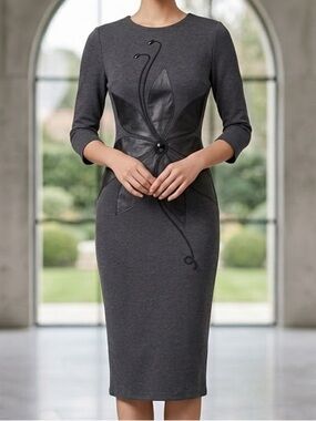 ZEAN Charcoal Grey Faux Leather Floral Appliqué Form-Hugging Sheath Dress Small